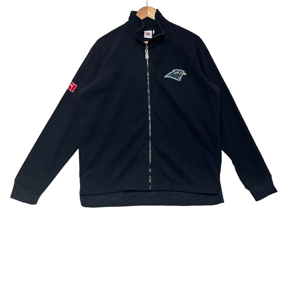 NFL Carolina Panthers Fleece Jacket Sz XL Black Full Zip Side Slits High Low Hem